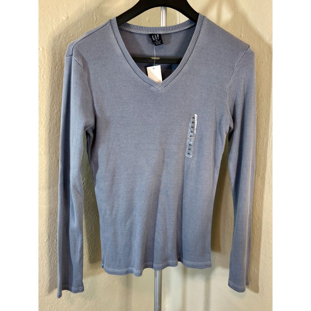 NWT Vintage 2010 GAP Ribbed V-Neck Long Sleeve Top - Blue XL